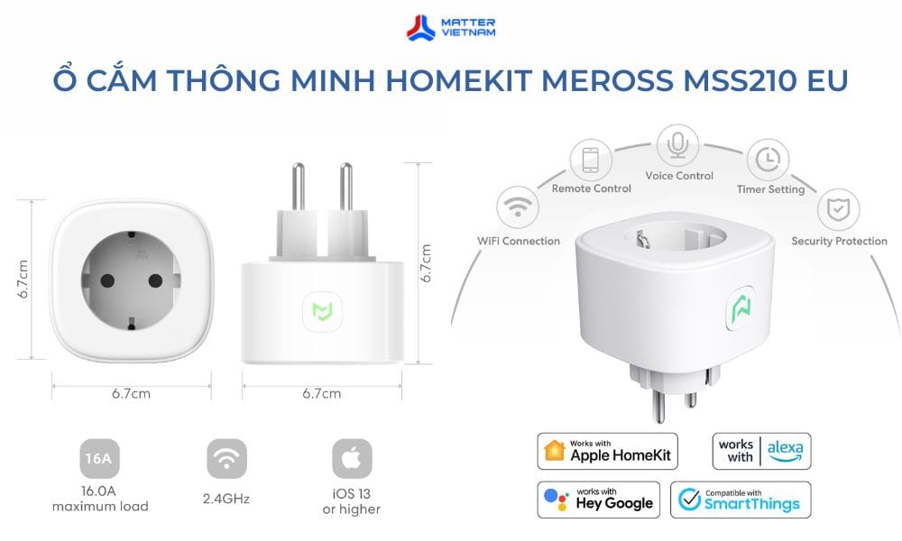 Thiết kế Ổ cắm thông minh Homekit Meross MSS210 EU