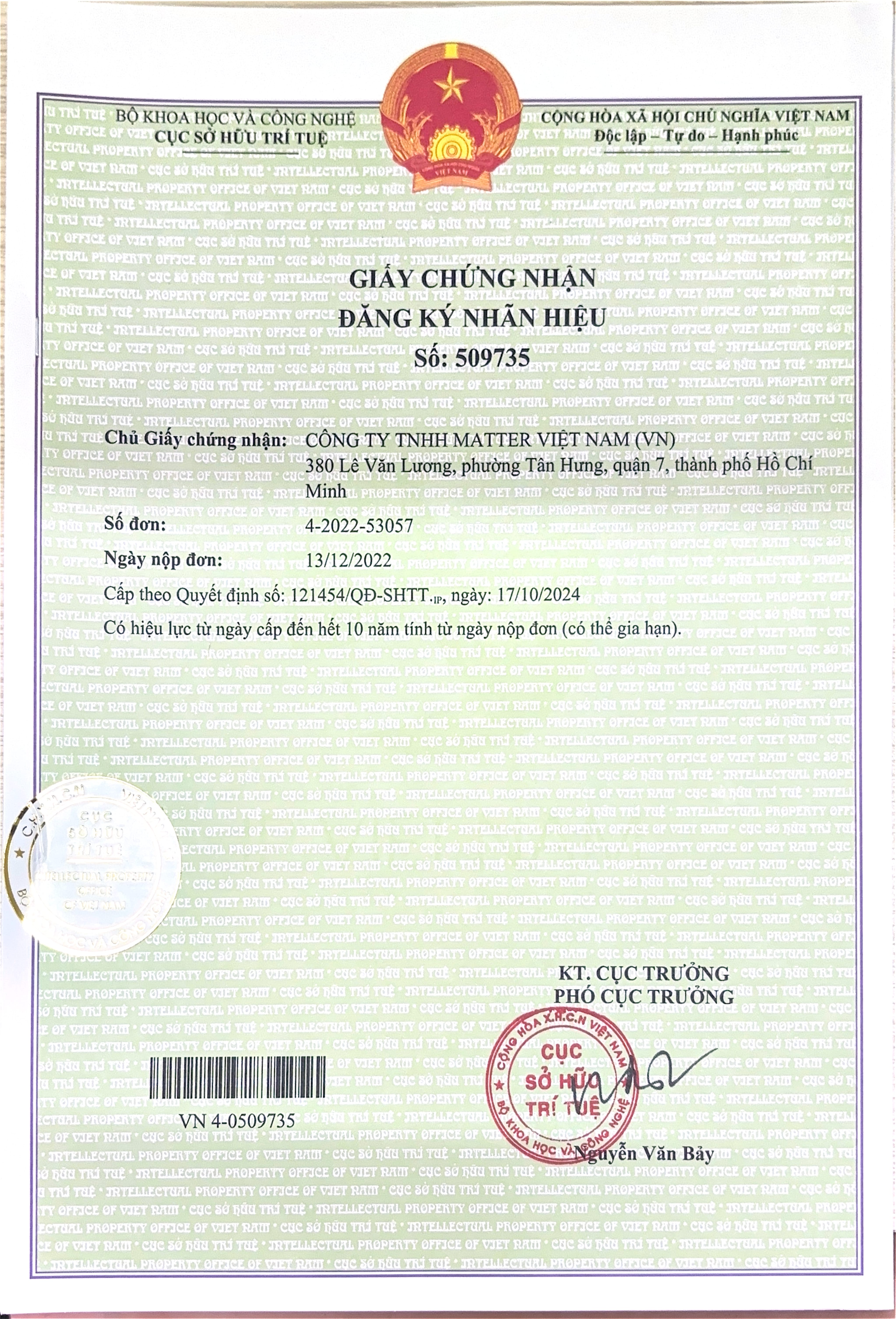 giấy chứng nhận đăng ký nhãn hiệu matter việt nam
