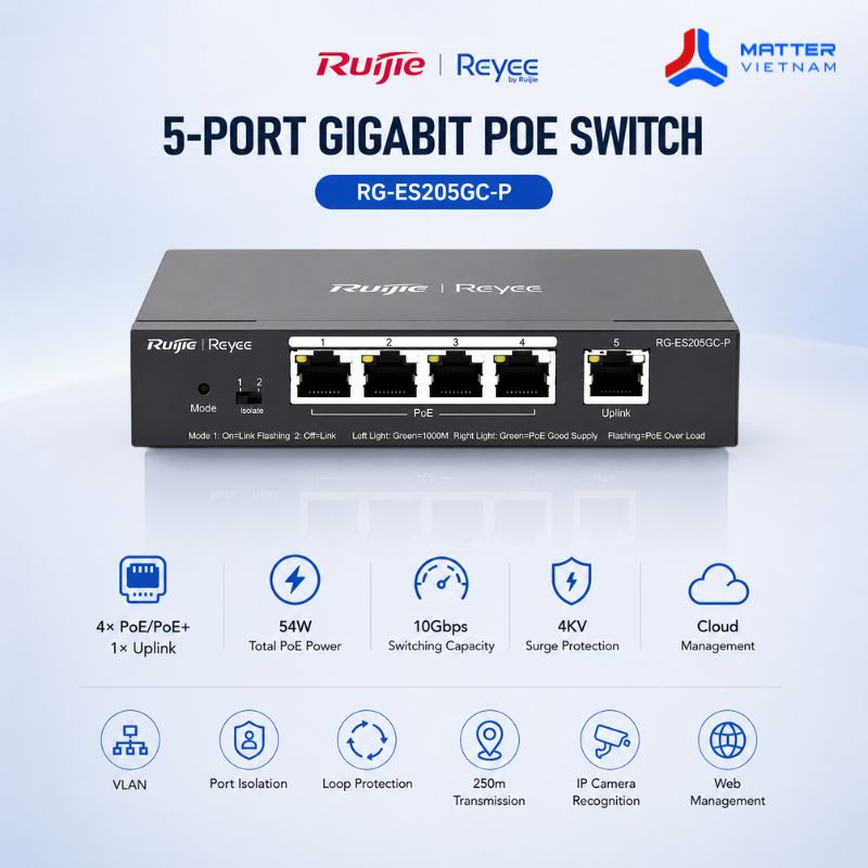 Switch Quản l&yacute; Ruijie 5 Port POE 54W