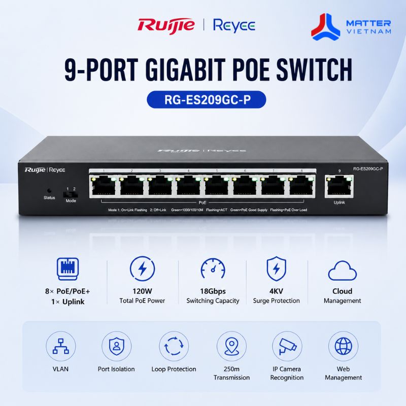 Switch Quản l&yacute; Ruijie 9 Port POE 120W