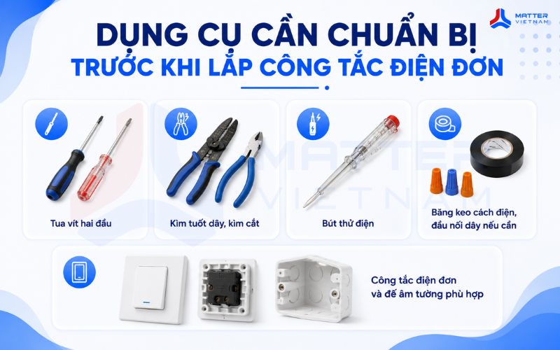 Dụng cụ cần chuẩn bị trước khi lắp công tắc điện đơn