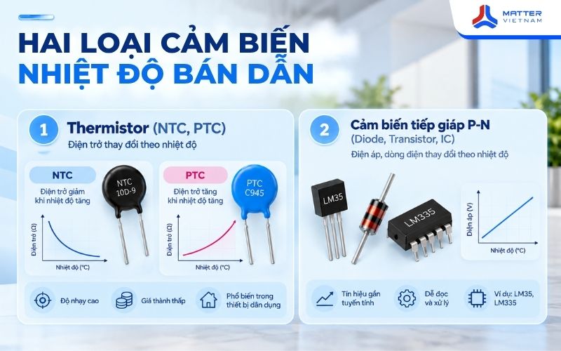 Hai loại cảm biến nhiệt độ bán dẫn: Thermistor và cảm biến tiếp giáp P-N